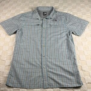 The North Face Men's Button Up Short Sleeve Blue/White Plaid‎ Vented Shirt Small